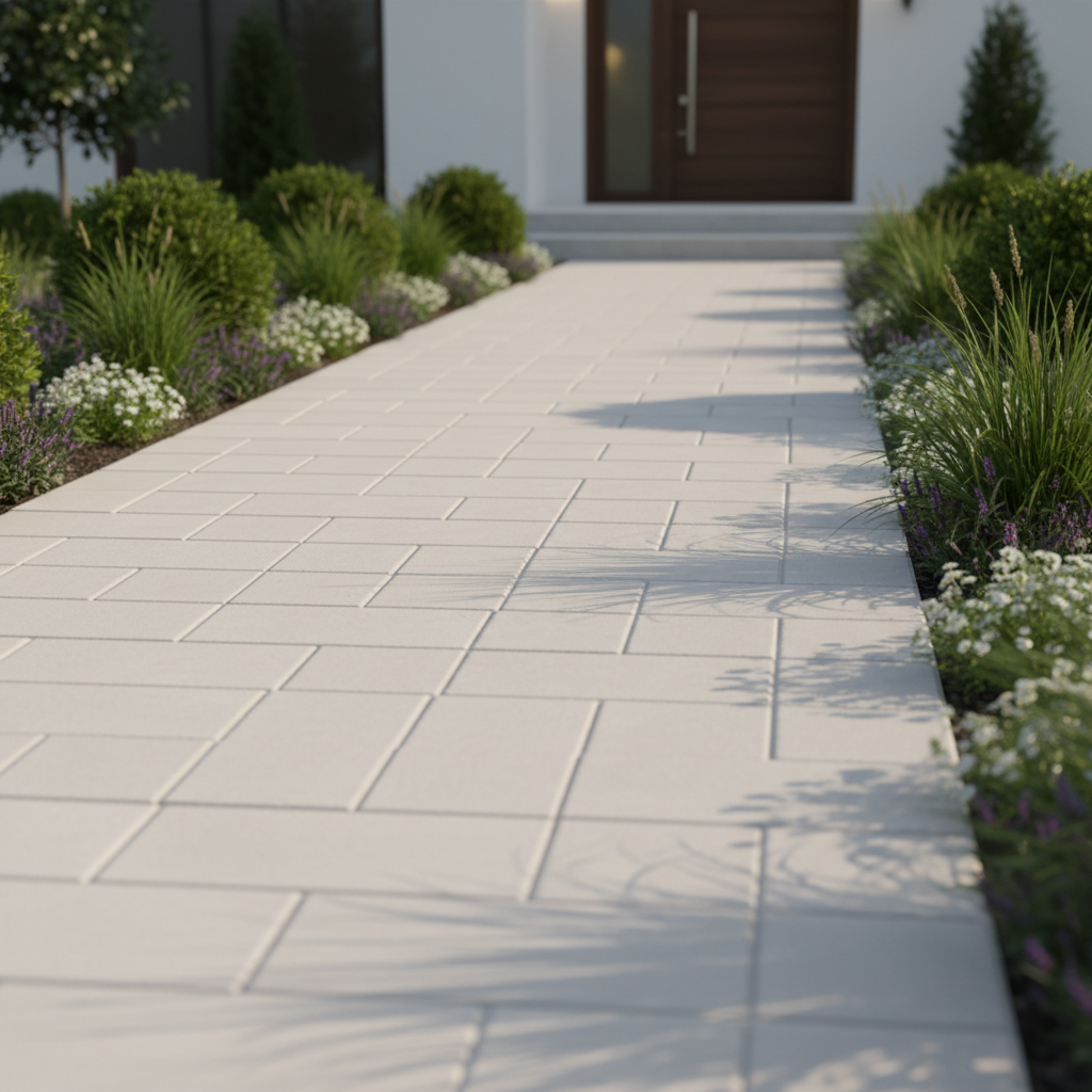 An immaculate residential walkway made of smooth, pale stone pavers, each joint clearly defined after detailed power washing. The path leads elegantly past neat landscaping under gentle ambient daylight, with subtle, natural shadows tracing the contours of the stones. The composition employs rule-of-thirds framing from a low angle, emphasizing depth and the inviting nature of a freshly cleaned entryway. The atmosphere is serene and tidy, expressing family-owned dedication and care through photographic realism and a structured, minimalist layout.