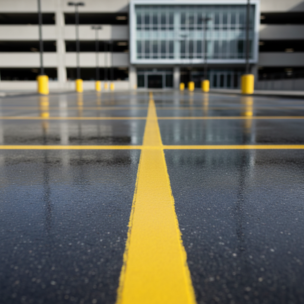 A close-up of vibrant, freshly painted yellow parking lot lines, perfectly straight and sharply defined atop smooth asphalt. The surface gleams subtly from a recent rain, with reflective clarity in the neutral-toned setting of a modern commercial property. Overhead lighting creates crisp contrast and accentuates the structure of the lines against the muted, even background. The camera angle follows the lines into the distance, utilizing leading lines for a balanced, professional composition. The mood is orderly and precise, with a focus on high-quality workmanship in a photographic, clean, and modern style.